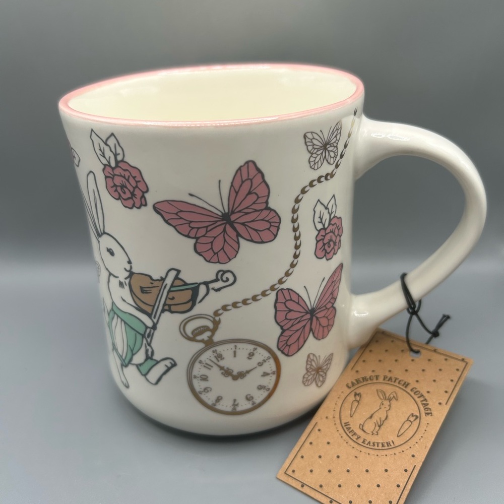 Carrot Patch Cottage Bunny Rabbit Mug with Pocket Watch Violin Butterflies NEW
